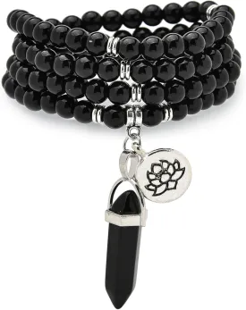 108 Natural Mala Prayer Beads Bracelet Necklace with Lotus Charm and Reiki Quartz Hexagonal Prism Pendant
