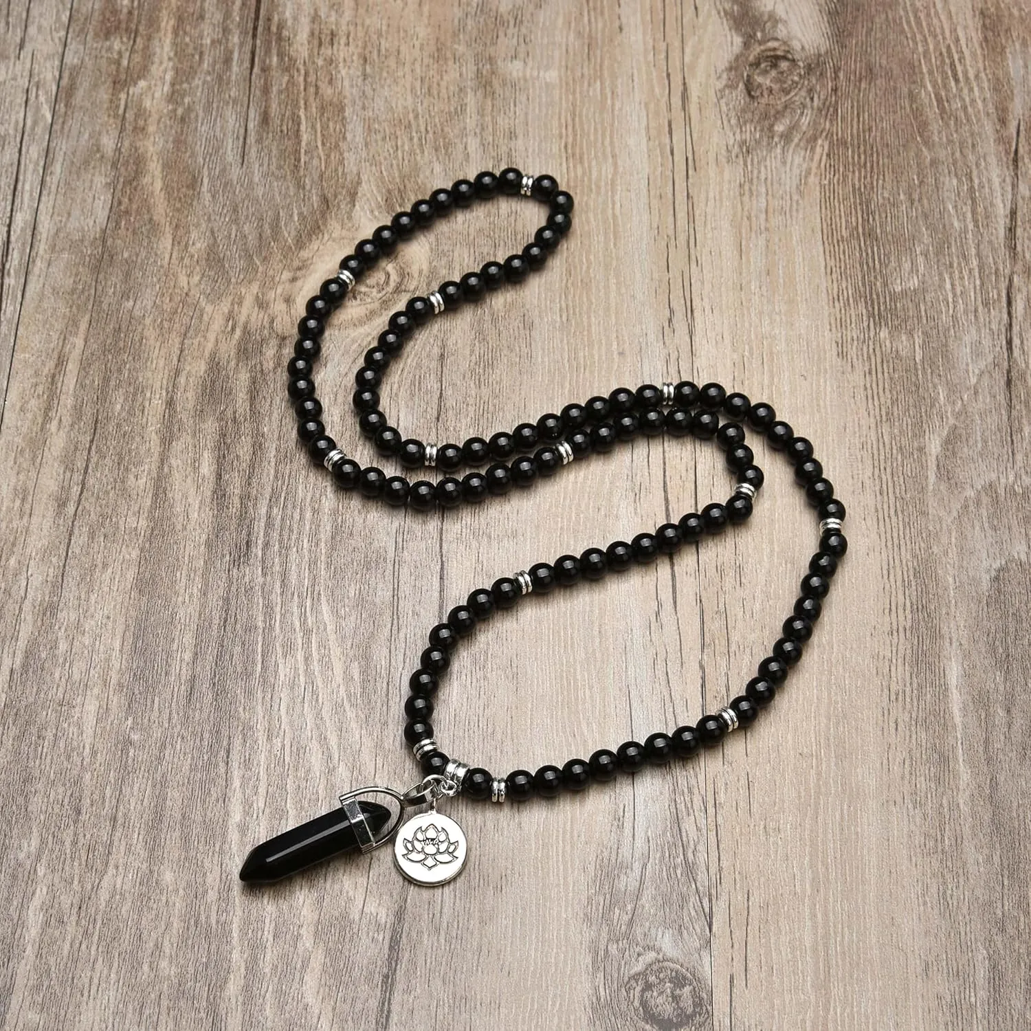108 Natural Mala Prayer Beads Bracelet Necklace with Lotus Charm and Reiki Quartz Hexagonal Prism Pendant