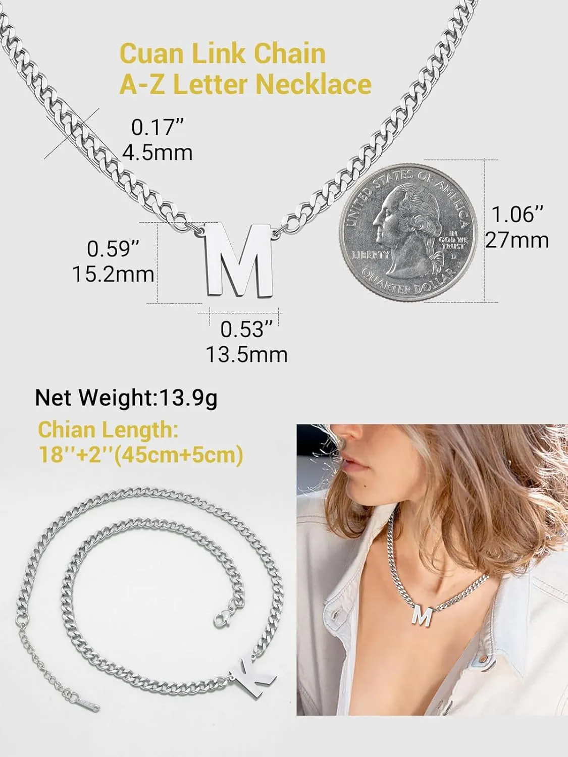 18 2 Inch Initial Letter Pendant Necklace for Men Women, 18K Gold Plated Stainless Steel Capital A-Z Alphabet Name Necklaces 4.5mm Cuban Link Chain with Initial - Send Gift Box