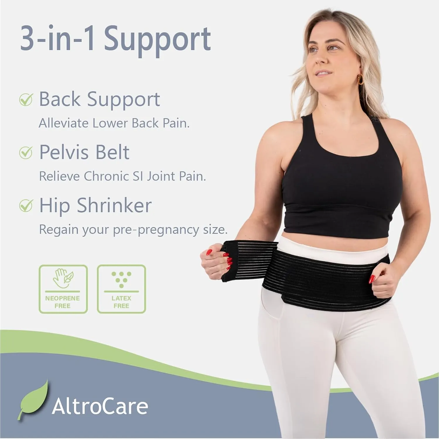 3-in-1 Sacroiliac Pelvis Belt, Postpartum Back Support & Hip Shrinker (Black, One Size: S/M/L). Made in USA.
