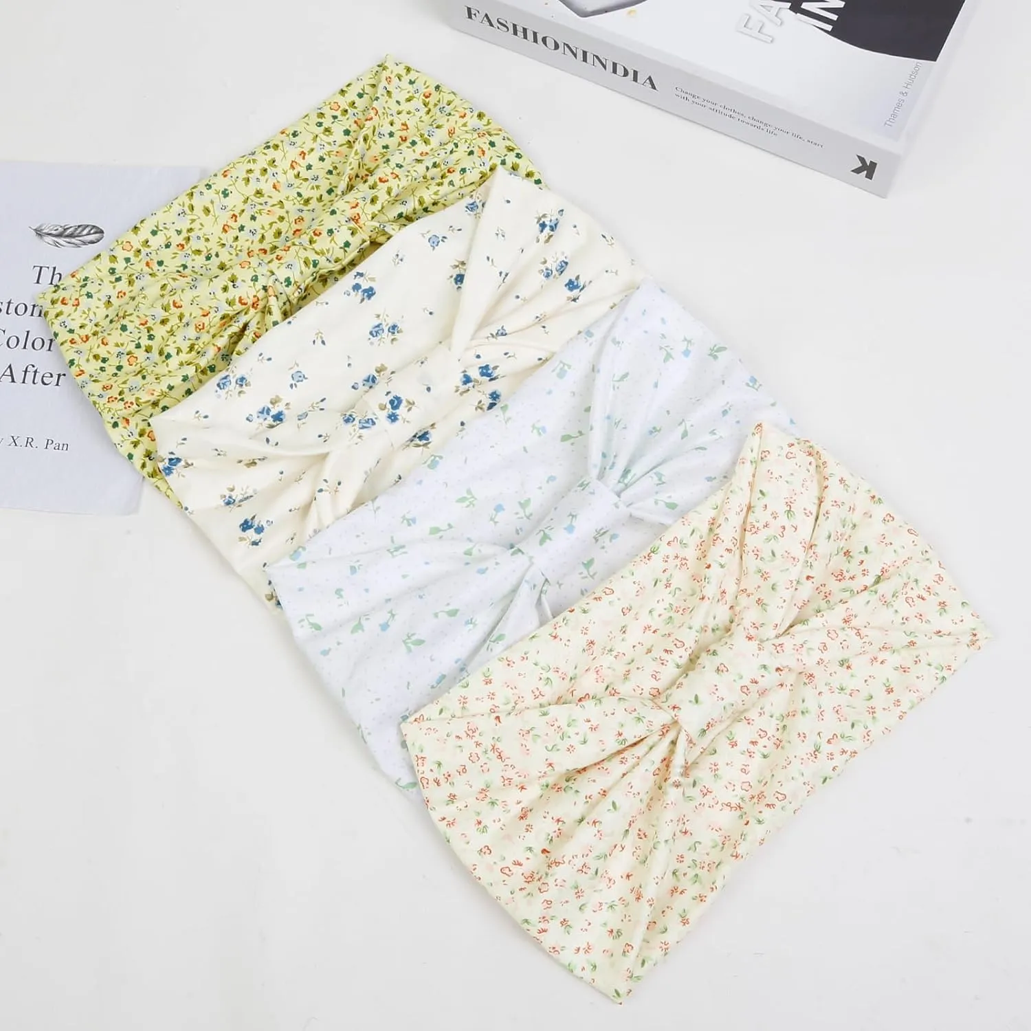 4 Packs Wide Headbands for Women Knotted Non Slip Fashion Cute Floral Printed Head Bands for Womens Hair Large African Bandana Boho Hairbands Yoga Running Sports Workout Thick Turban Hair Accessories
