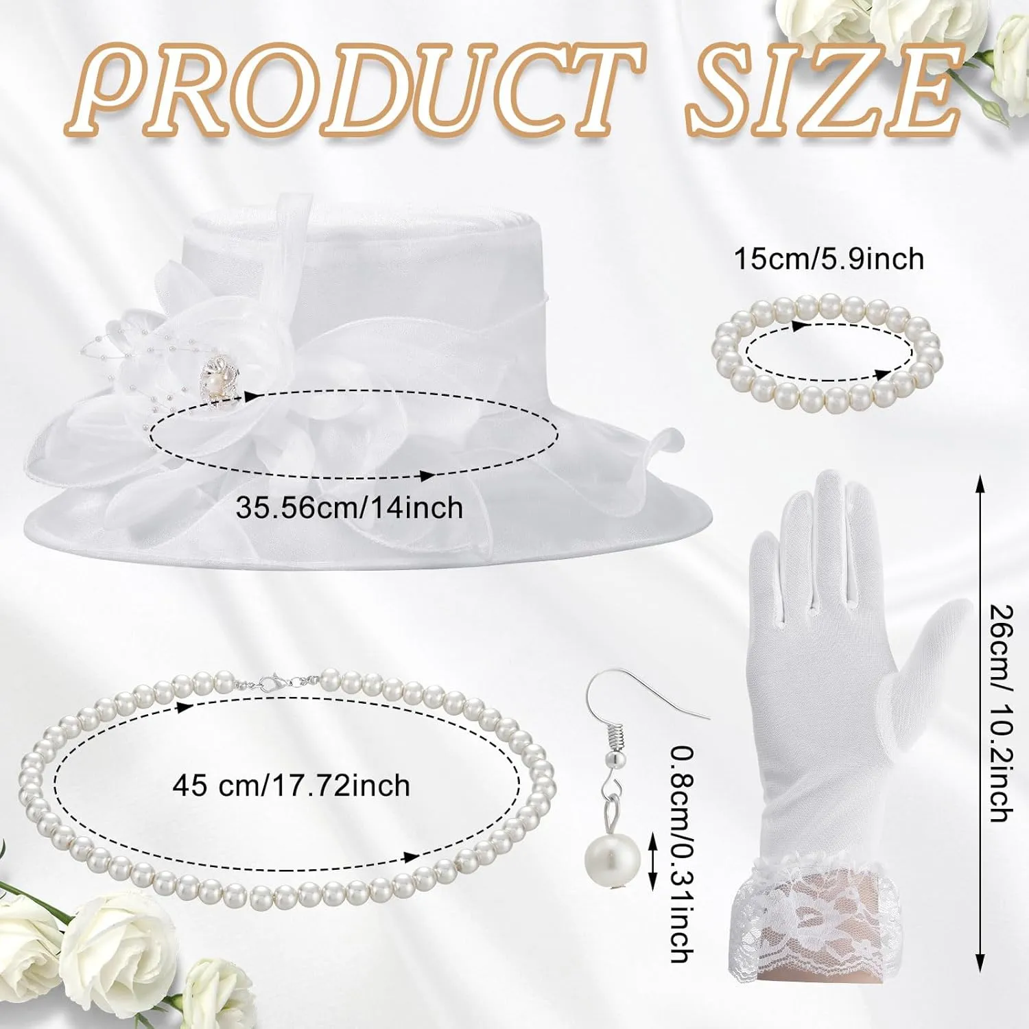 5 Pcs Derby Fascinator Hat Gloves Set for Women Tea Party with Pearl Necklace Bracelet and Earring