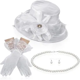 5 Pcs Derby Fascinator Hat Gloves Set for Women Tea Party with Pearl Necklace Bracelet and Earring