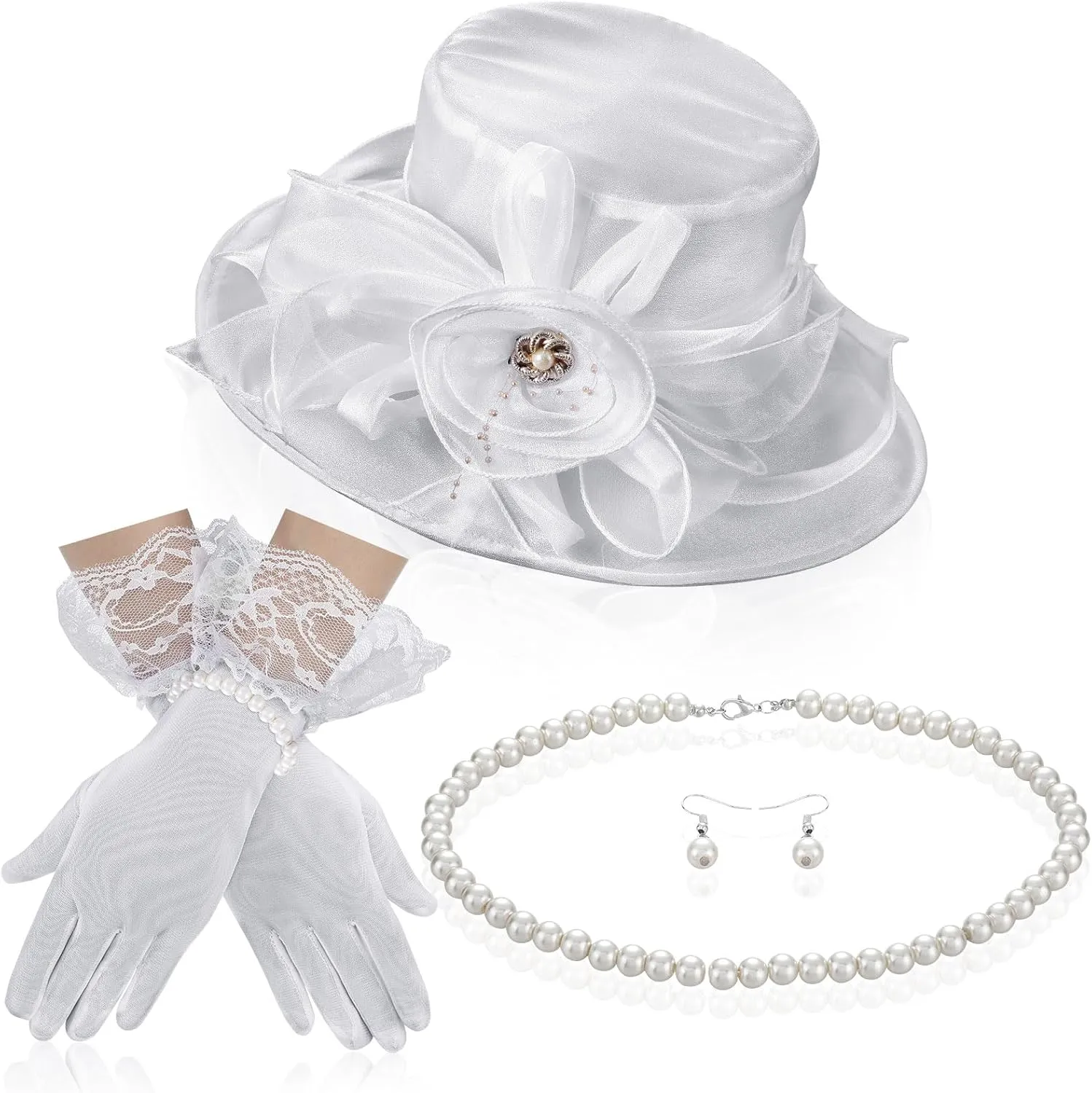 5 Pcs Derby Fascinator Hat Gloves Set for Women Tea Party with Pearl Necklace Bracelet and Earring
