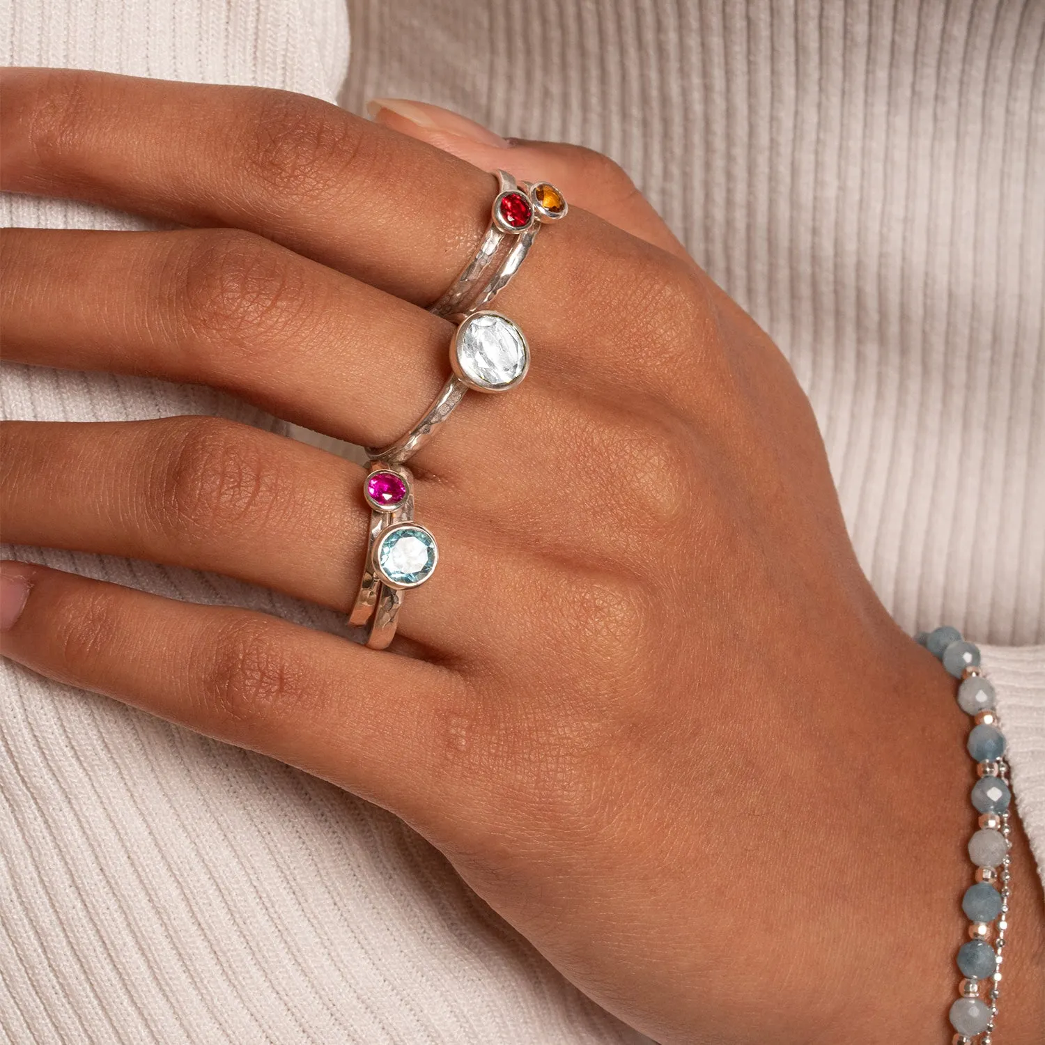 8mm White Topaz Hammered Twinkle Ring