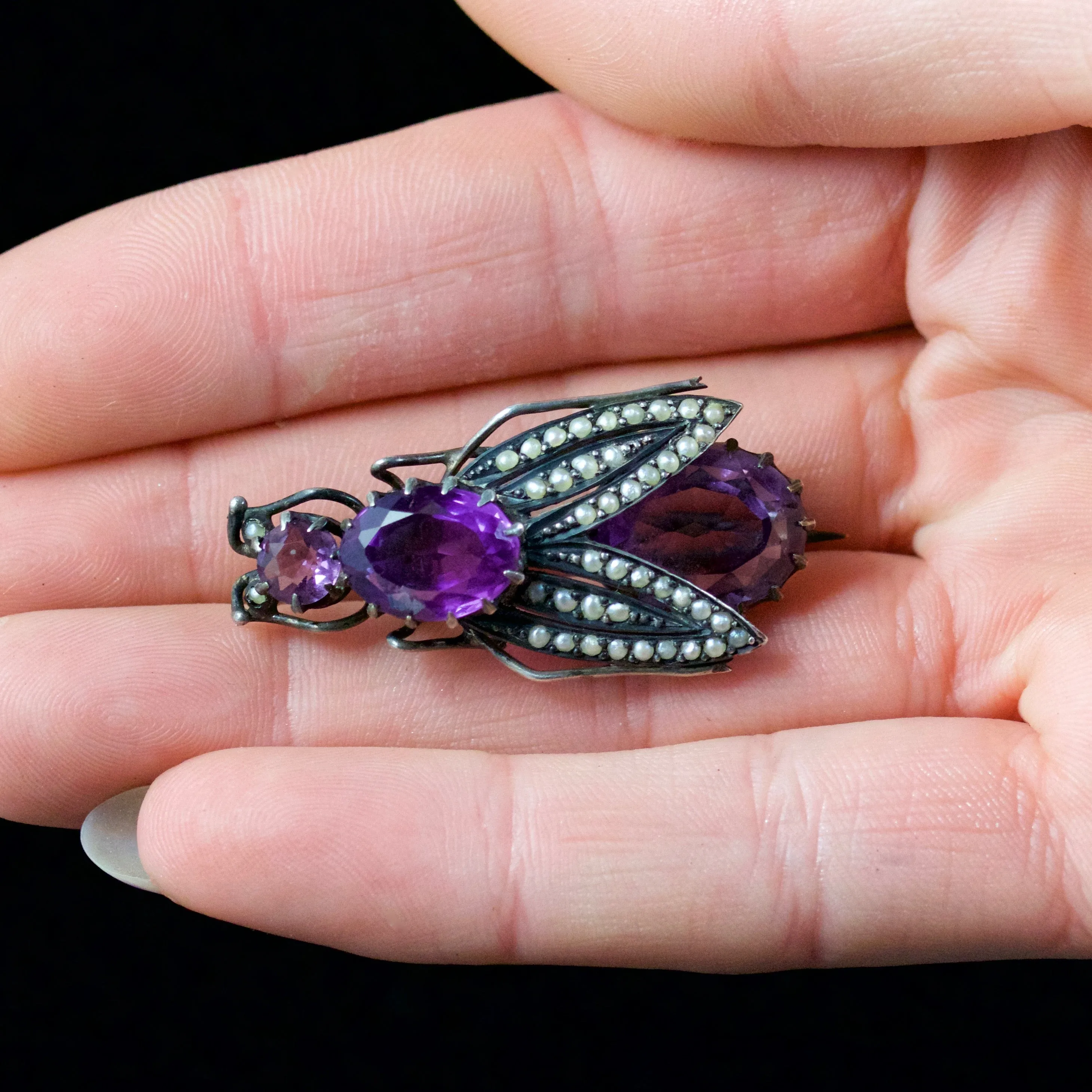 Antique Victorian Amethyst Pearl Bug Brooch 10Ct Amethyst Silver Circa 1900