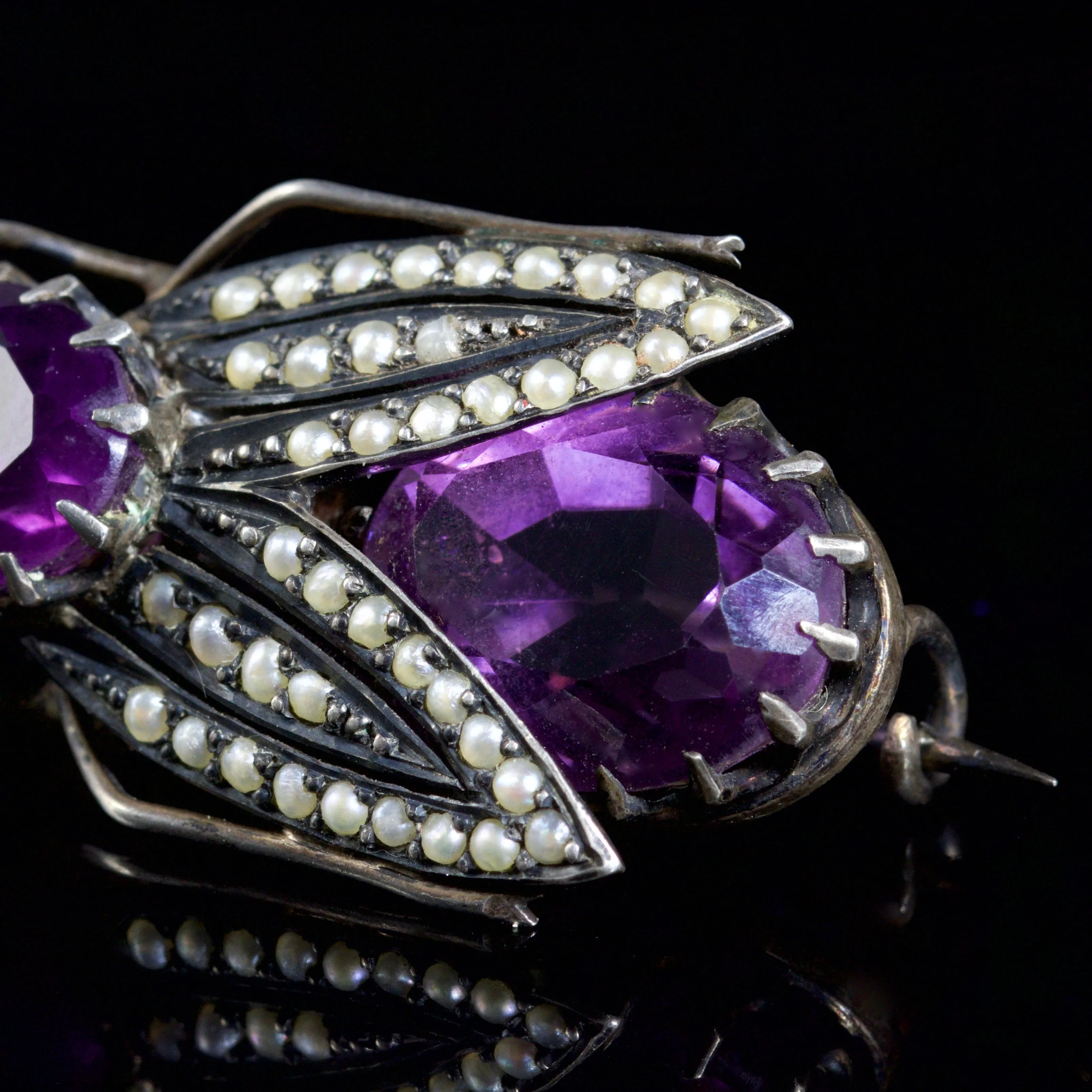 Antique Victorian Amethyst Pearl Bug Brooch 10Ct Amethyst Silver Circa 1900