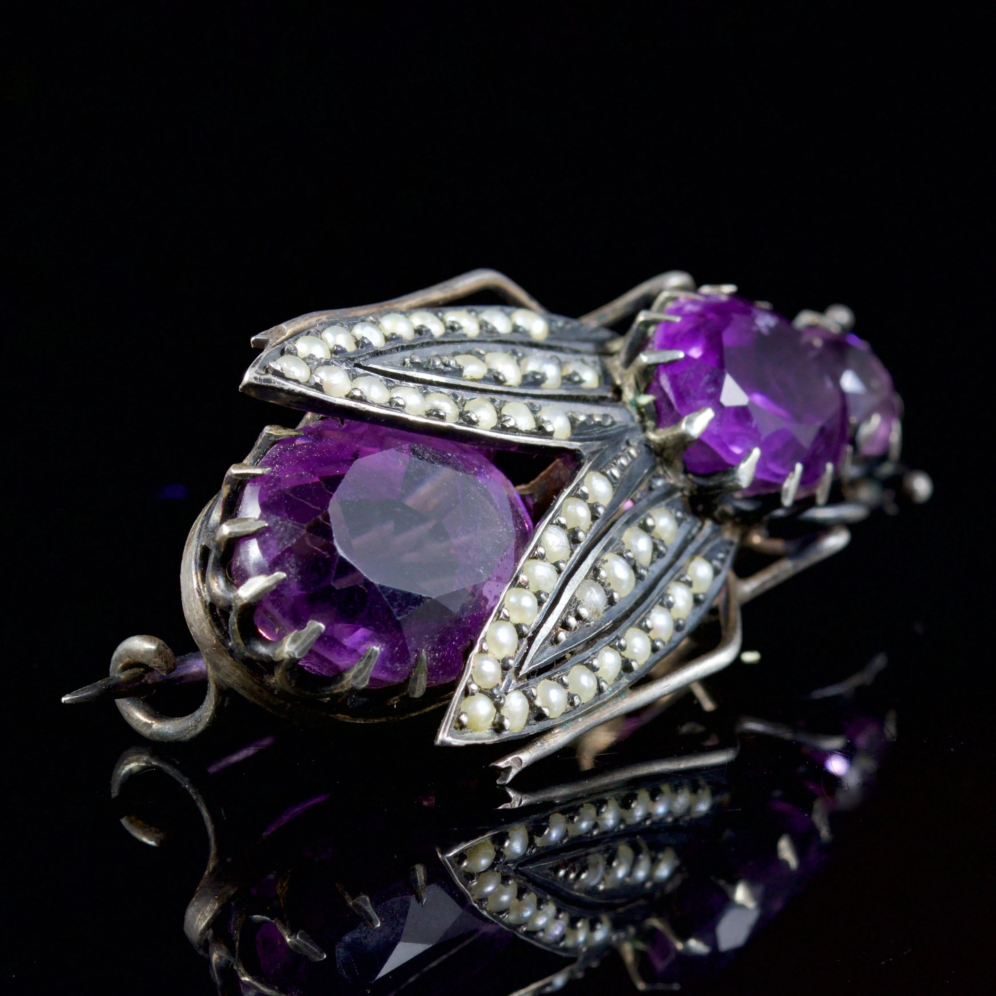 Antique Victorian Amethyst Pearl Bug Brooch 10Ct Amethyst Silver Circa 1900