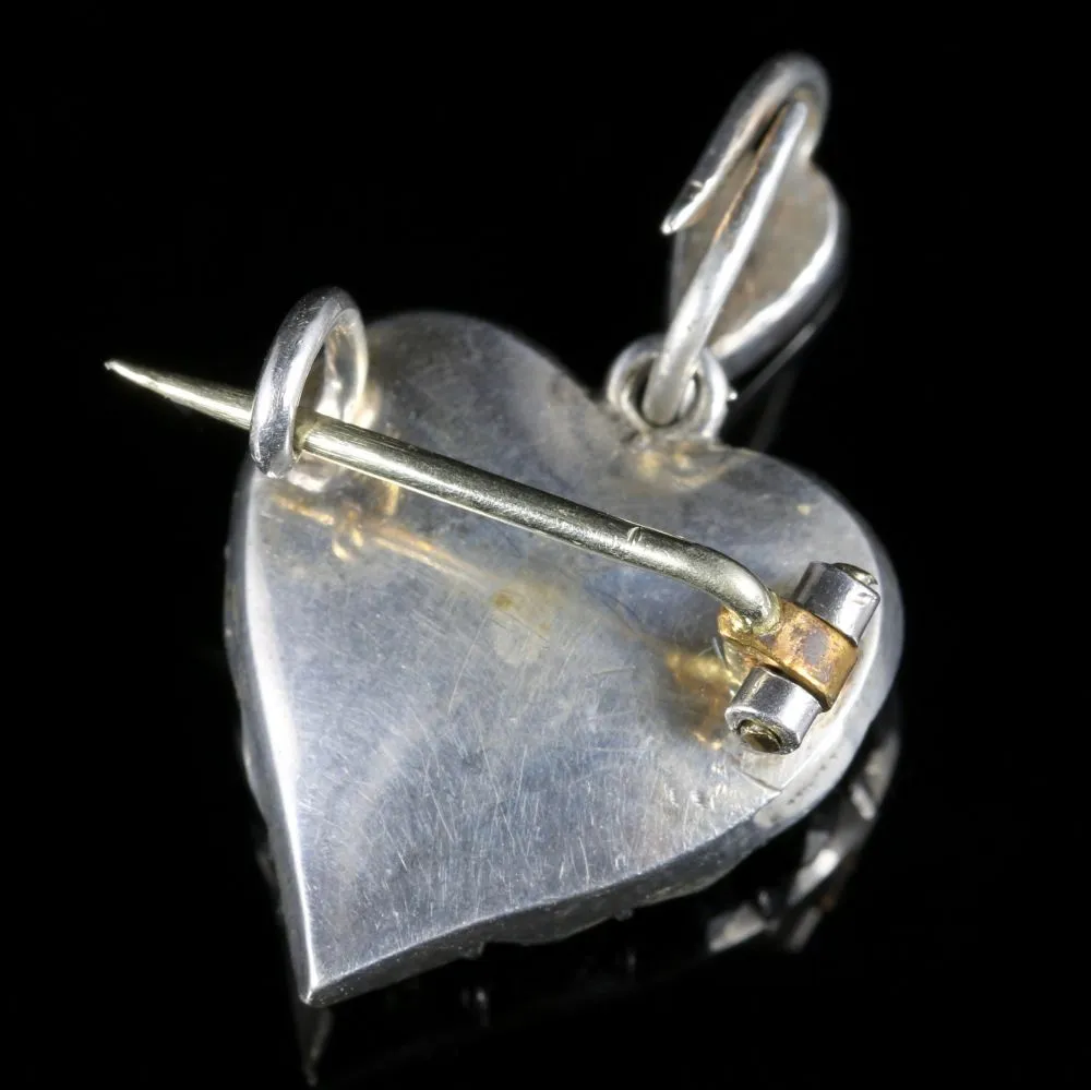 Antique Victorian Garnet Paste Brooch Pendant Silver Heart Circa 1900