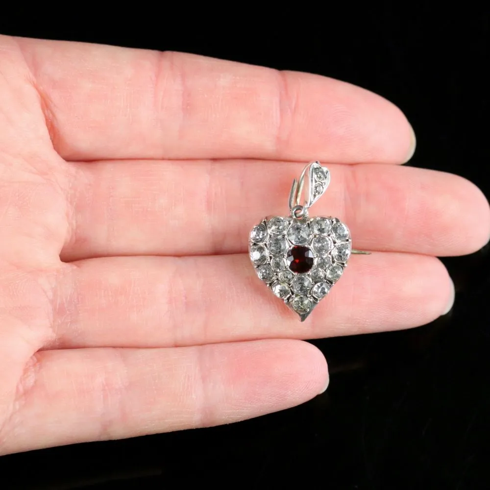 Antique Victorian Garnet Paste Brooch Pendant Silver Heart Circa 1900