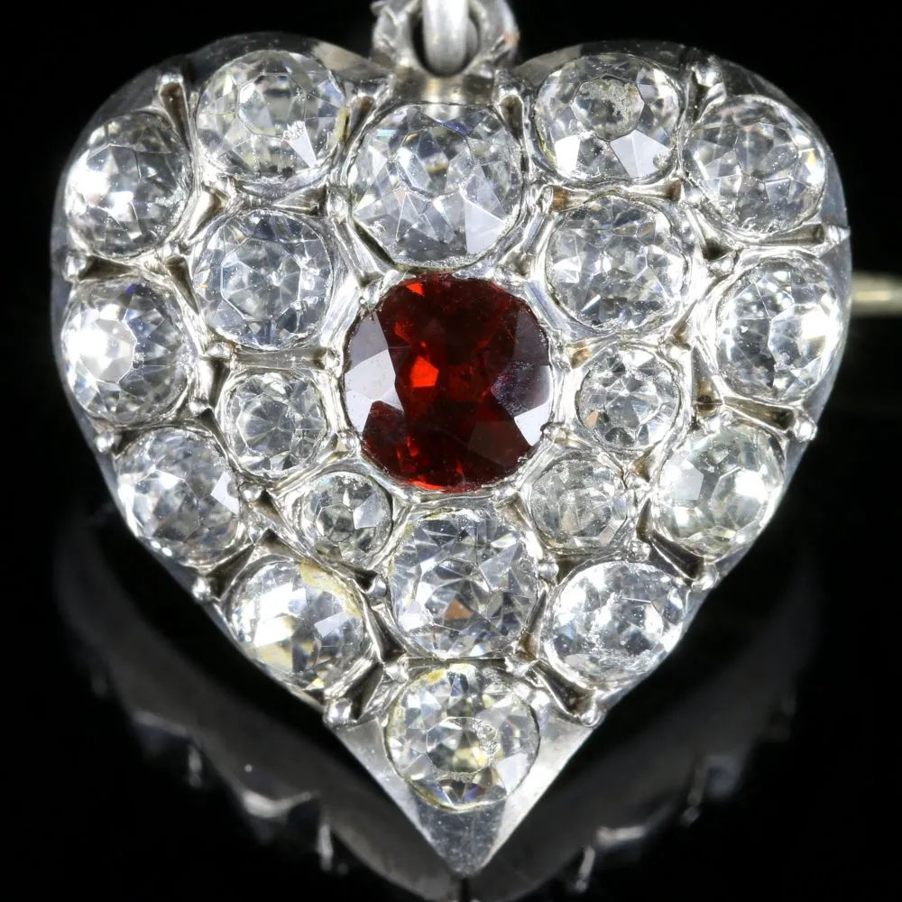 Antique Victorian Garnet Paste Brooch Pendant Silver Heart Circa 1900