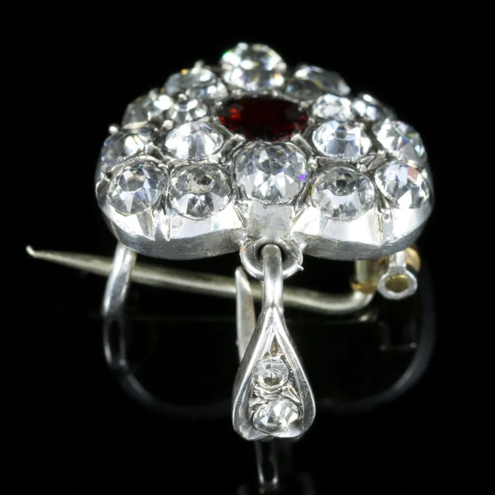 Antique Victorian Garnet Paste Brooch Pendant Silver Heart Circa 1900