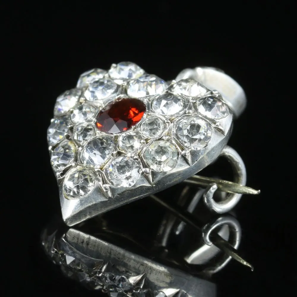 Antique Victorian Garnet Paste Brooch Pendant Silver Heart Circa 1900