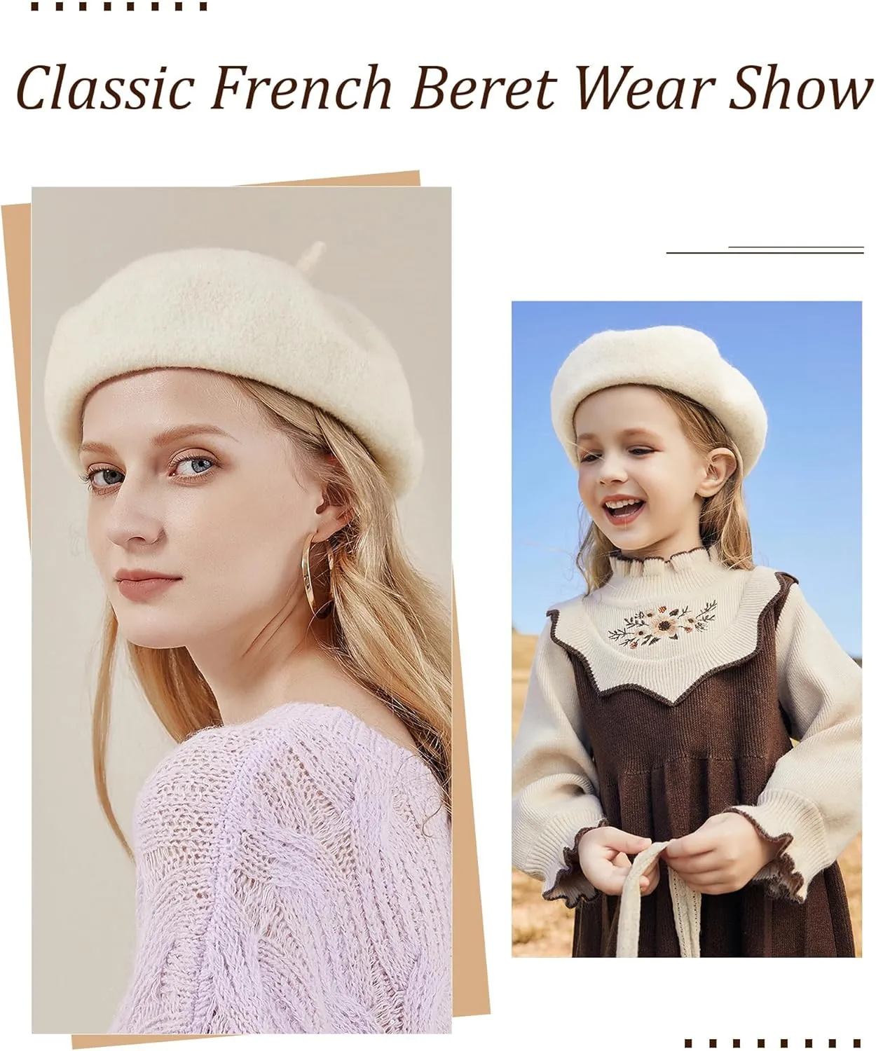 AWAYTR Wool French Beret Hats - Solid Color Artist Beret Hat for Women and Kids