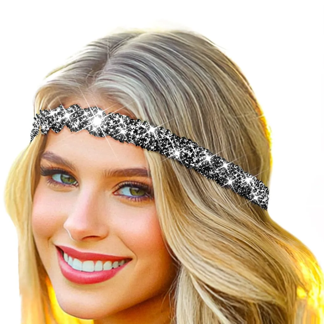 Barode Rhinestone Headband Black Head Chain Jewelry Sparkle Elastic Hairband Forehead Crystal Braided Bands for Women