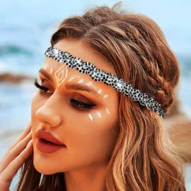 Barode Rhinestone Headband Black Head Chain Jewelry Sparkle Elastic Hairband Forehead Crystal Braided Bands for Women