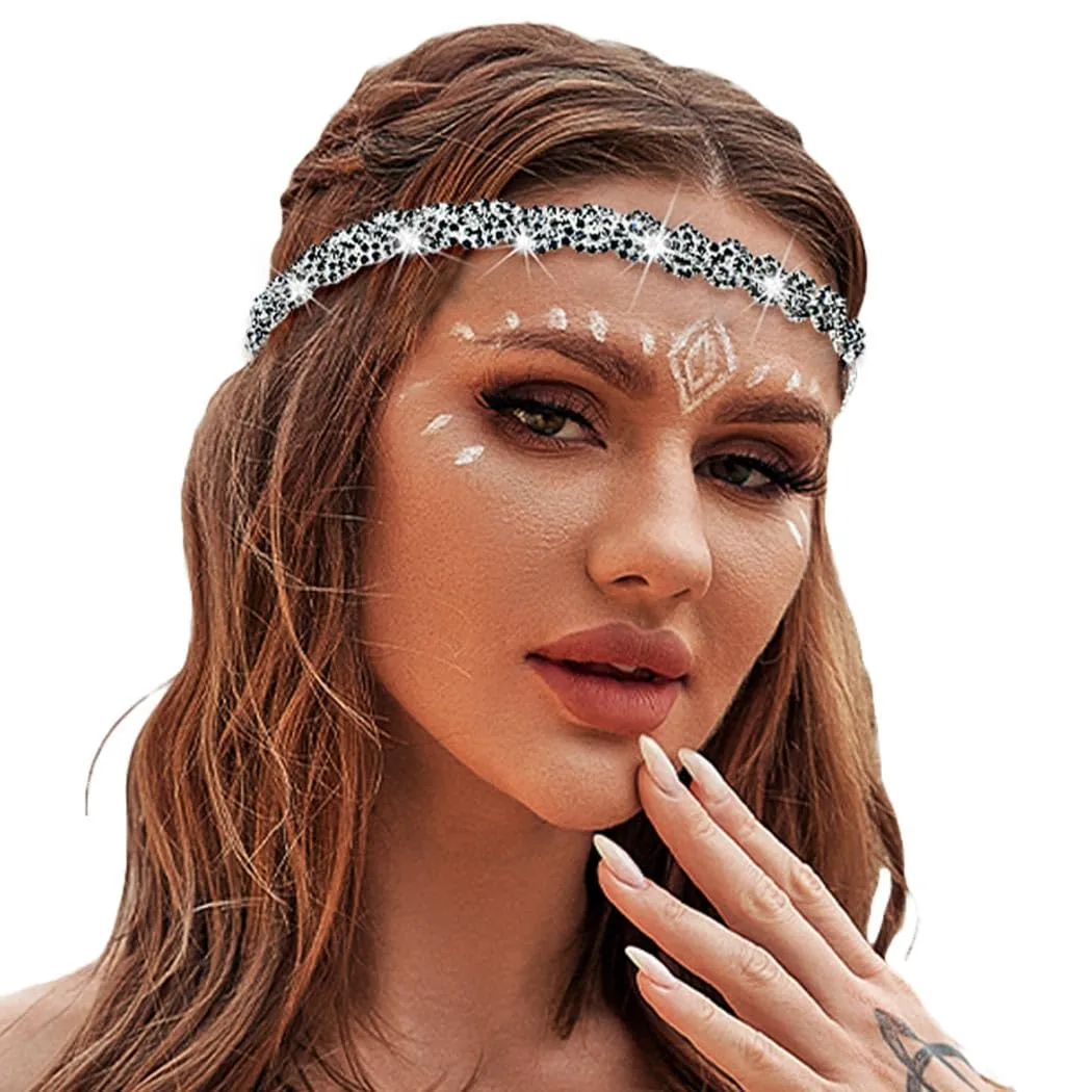 Barode Rhinestone Headband Black Head Chain Jewelry Sparkle Elastic Hairband Forehead Crystal Braided Bands for Women
