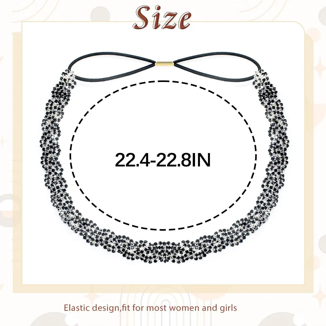 Barode Rhinestone Headband Black Head Chain Jewelry Sparkle Elastic Hairband Forehead Crystal Braided Bands for Women
