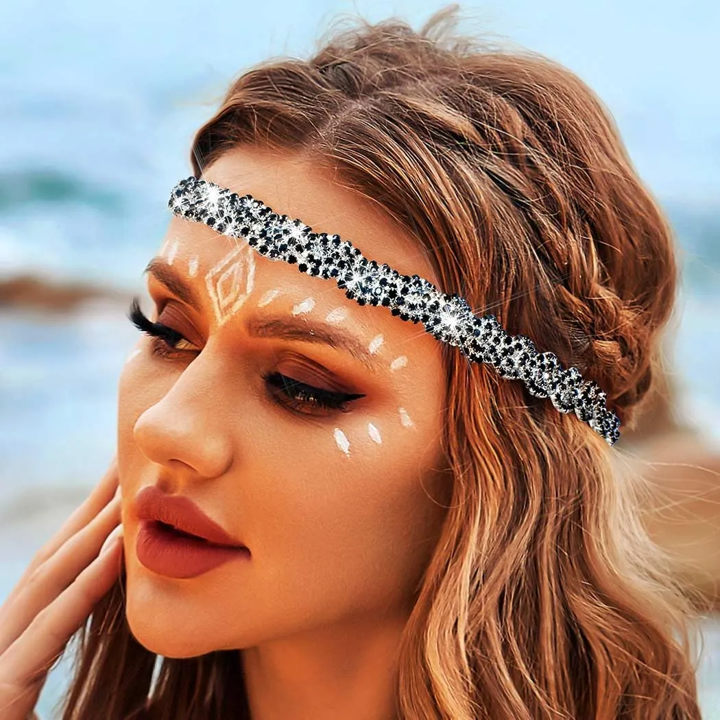 Barode Rhinestone Headband Black Head Chain Jewelry Sparkle Elastic Hairband Forehead Crystal Braided Bands for Women