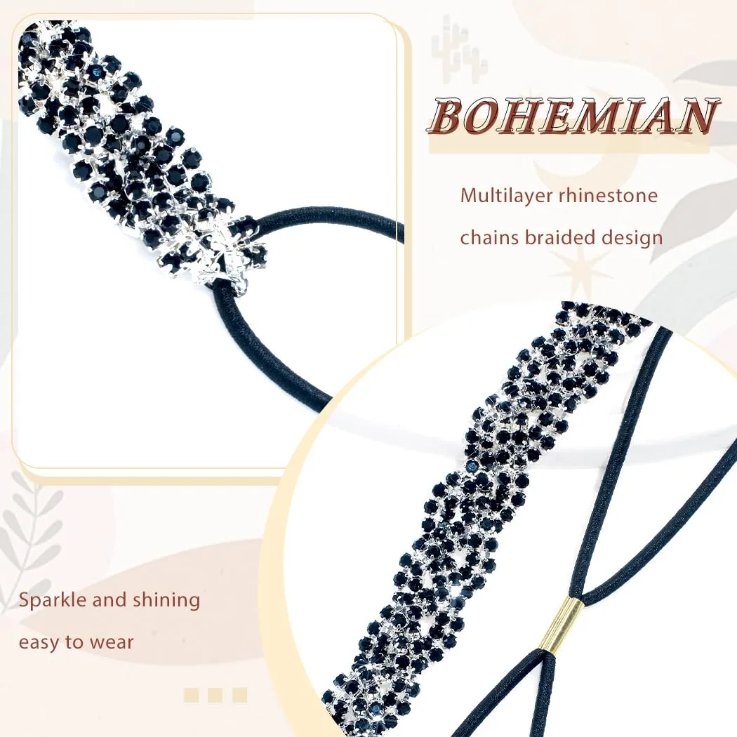Barode Rhinestone Headband Black Head Chain Jewelry Sparkle Elastic Hairband Forehead Crystal Braided Bands for Women