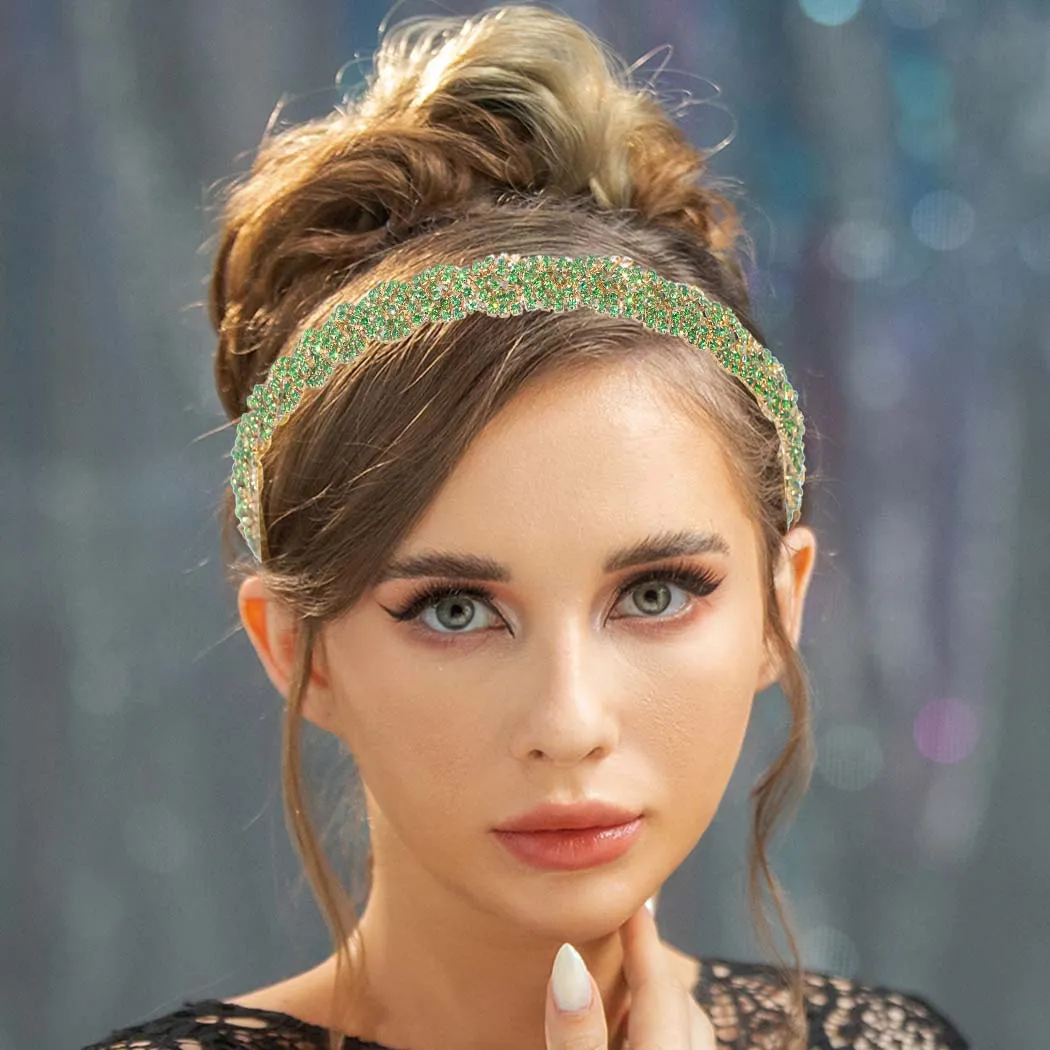 Barode Rhinestone Headband Head Chain Jewelry Green Sparkle Elastic Hairband Forehead Crystal Braided Bands for Women