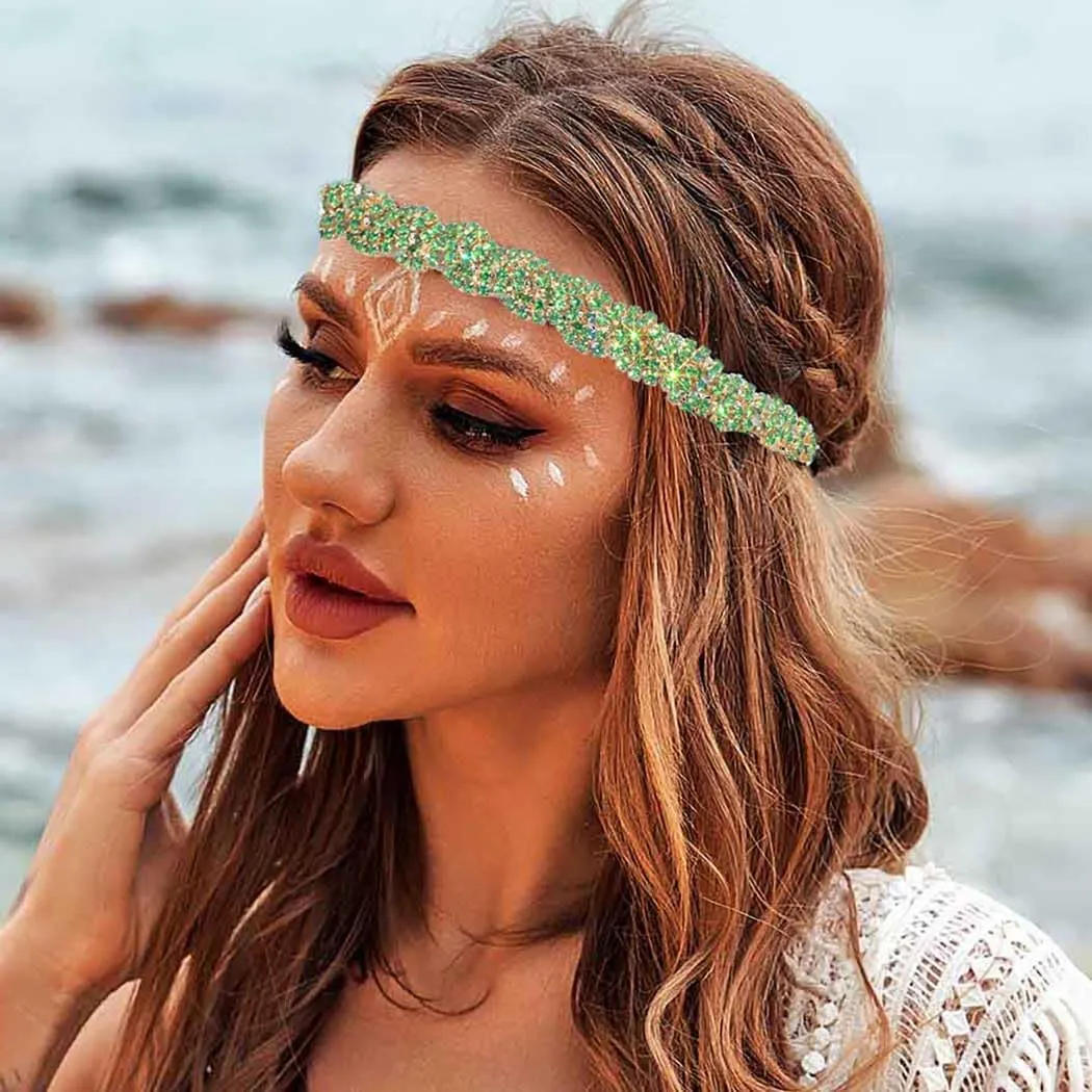 Barode Rhinestone Headband Head Chain Jewelry Green Sparkle Elastic Hairband Forehead Crystal Braided Bands for Women