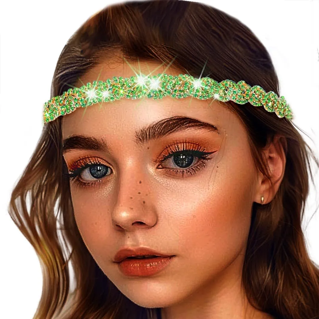 Barode Rhinestone Headband Head Chain Jewelry Green Sparkle Elastic Hairband Forehead Crystal Braided Bands for Women