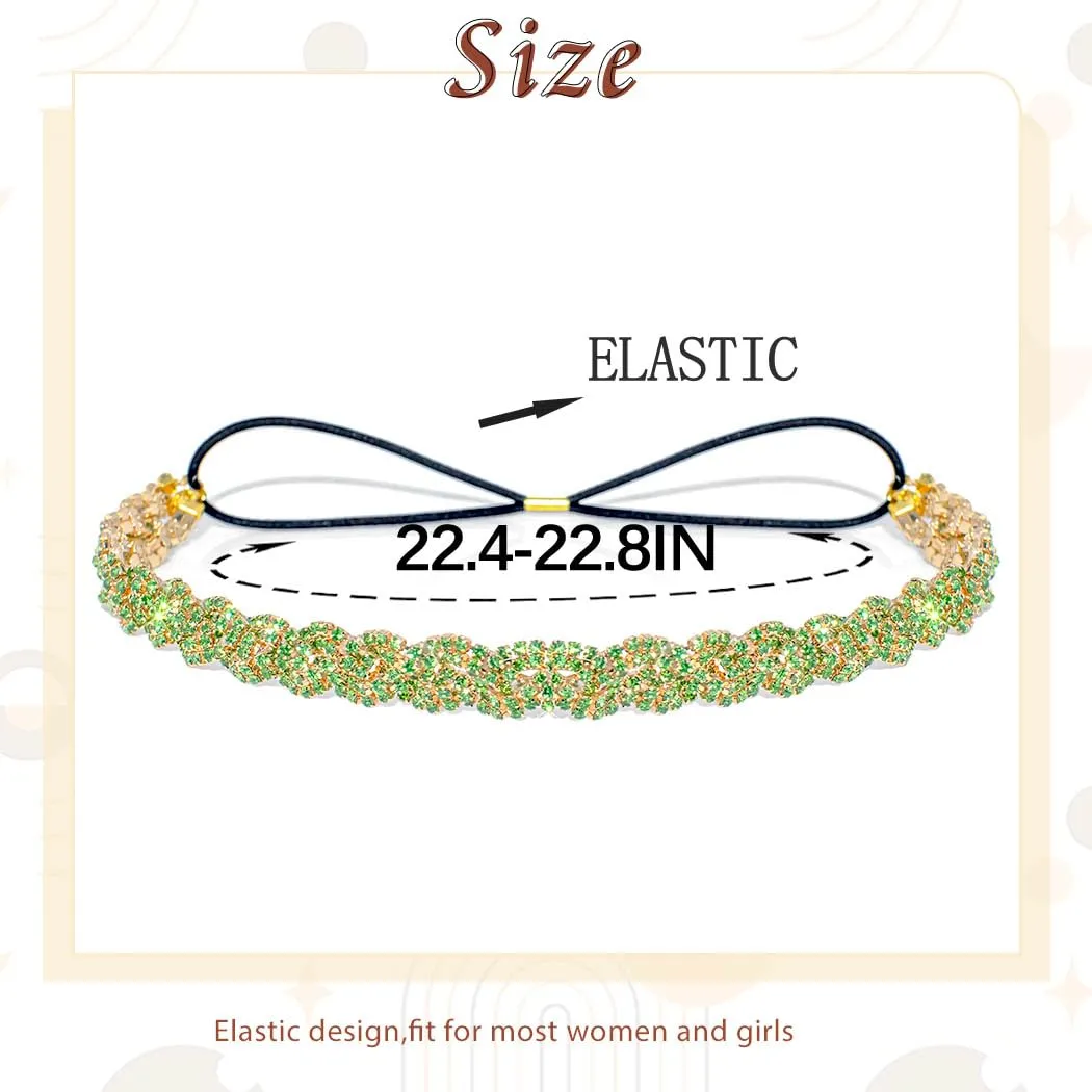 Barode Rhinestone Headband Head Chain Jewelry Green Sparkle Elastic Hairband Forehead Crystal Braided Bands for Women