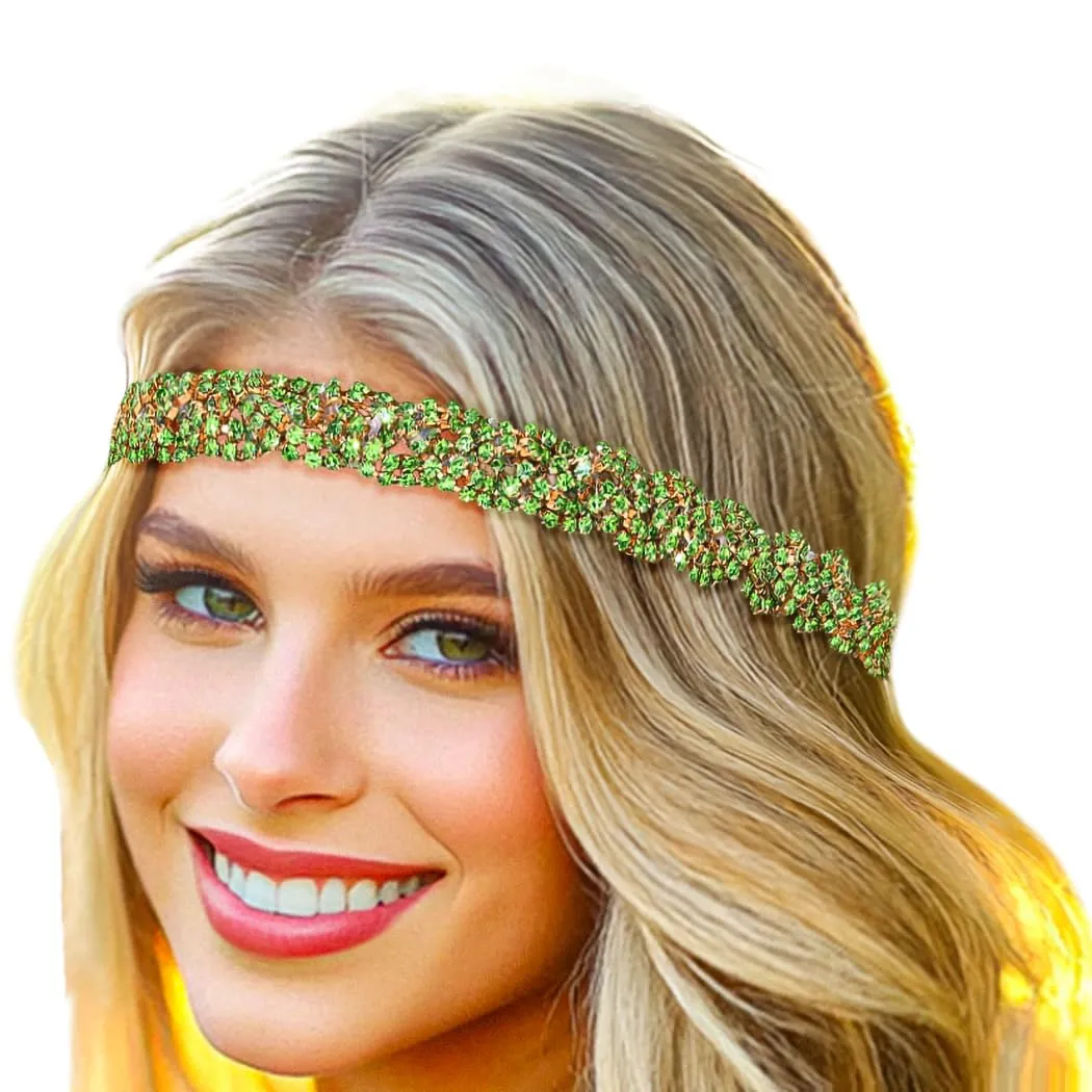 Barode Rhinestone Headband Head Chain Jewelry Green Sparkle Elastic Hairband Forehead Crystal Braided Bands for Women