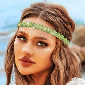 Barode Rhinestone Headband Head Chain Jewelry Green Sparkle Elastic Hairband Forehead Crystal Braided Bands for Women