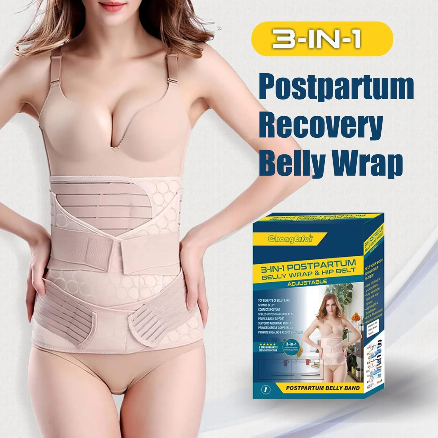 ChongErfei 3 in 1 Postpartum Support - Recovery Belly/waist/pelvis Belt Shapewear Slimming Girdle, Beige, L/One Size For Posture Correction