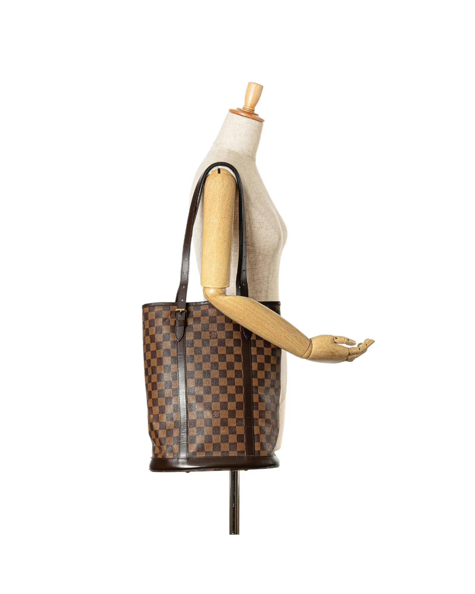 Damier Ebene Canvas Bucket Bag with Leather Trim