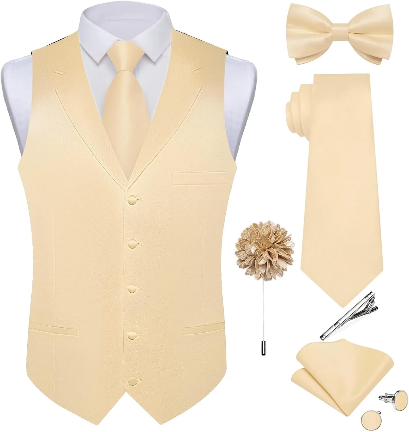 DiBanGu Formal Suit Vest Tie Set for Men Classic Solid Notch Lapel Dress Waistcoat Satin Vest Bowtie for Wedding Party