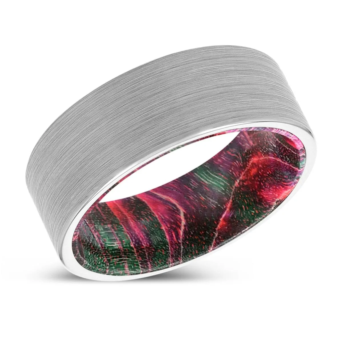 DIEGO | Green & Red Wood, White Tungsten Ring, Brushed, Flat