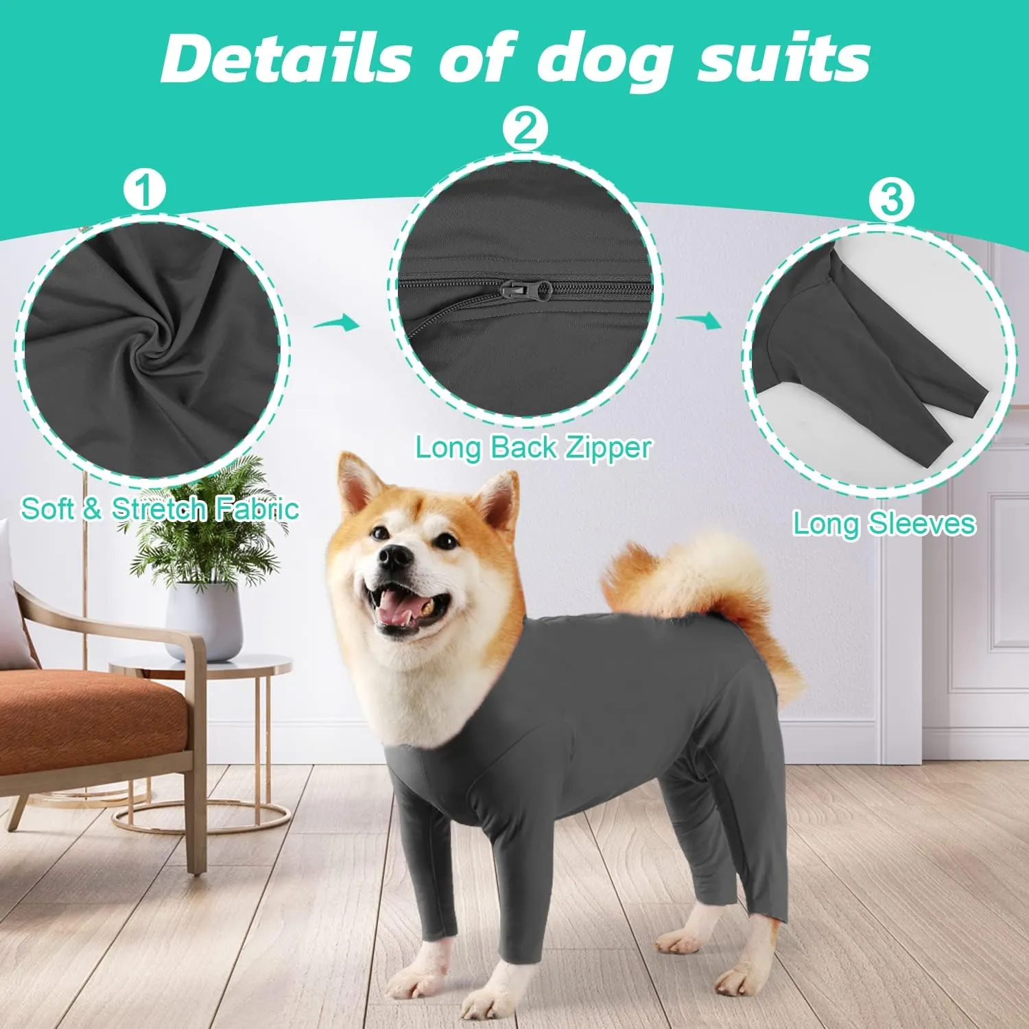 Etdane Dog Onesie for After Surgery Pet Surgical Recovery Suit Anti Shedding Bodysuit Long Sleeve Claming Pajamas with Legs for Female Male Dog (XXX-Large, Gray)