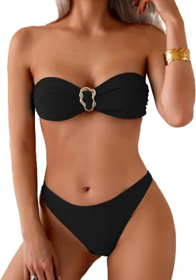 Fanuerg Women's Strapless Bandeau Bikini Sets Ring Tie Back Two Piece Swimsuit High Cut Cheeky Bathing Suits