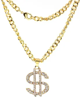 Gold Plated Chain for Men Women with Rhinestones Dollar Sign Pendant Necklace Hip Hop Dollar Necklace
