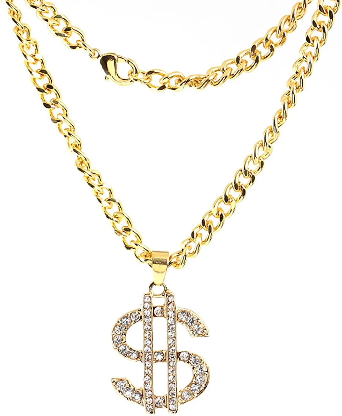 Gold Plated Chain for Men Women with Rhinestones Dollar Sign Pendant Necklace Hip Hop Dollar Necklace