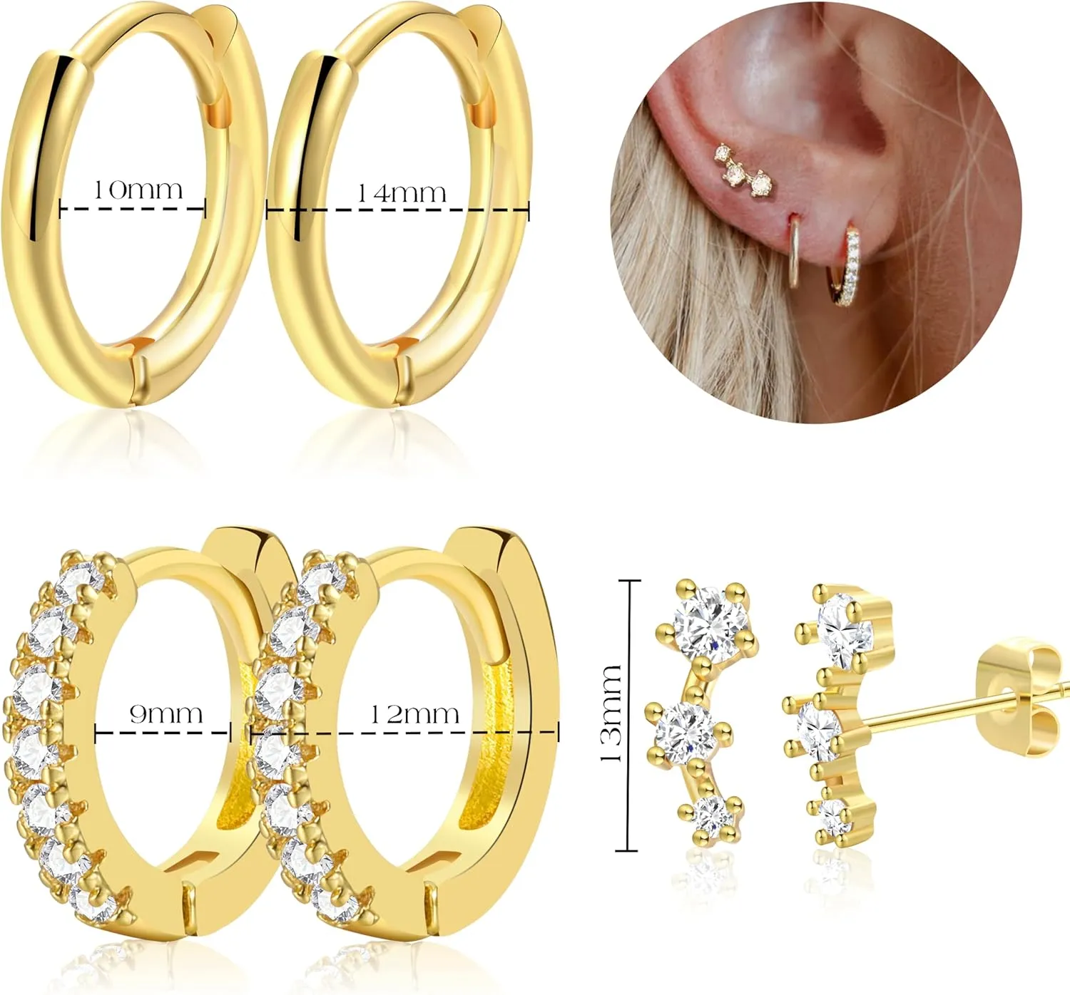 Gold Stud Earrings for Women, 6 Pairs 14K Hypoallergenic Cartilage Earrings for Multiple Piercing, Dainty Small Stackable Hoop Ball Earrings Set