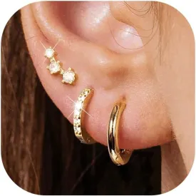 Gold Stud Earrings for Women, 6 Pairs 14K Hypoallergenic Cartilage Earrings for Multiple Piercing, Dainty Small Stackable Hoop Ball Earrings Set