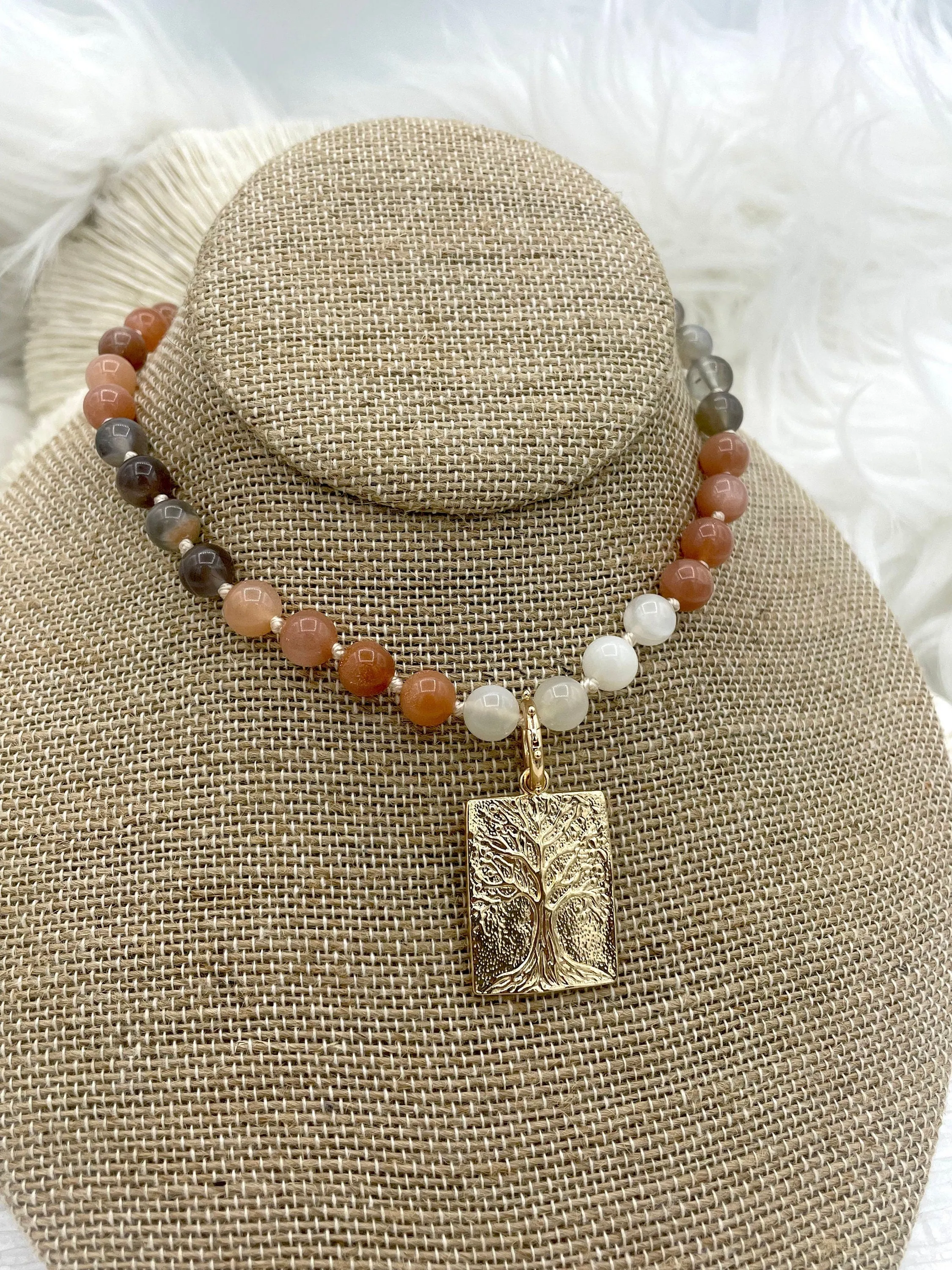 Hand Knotted Moon Stone Necklace, 16.5",Brass End Caps,Gold or Matte Gold Caps,8mm round Moon Stone Necklace, Semi Precious Bead Fast Ship