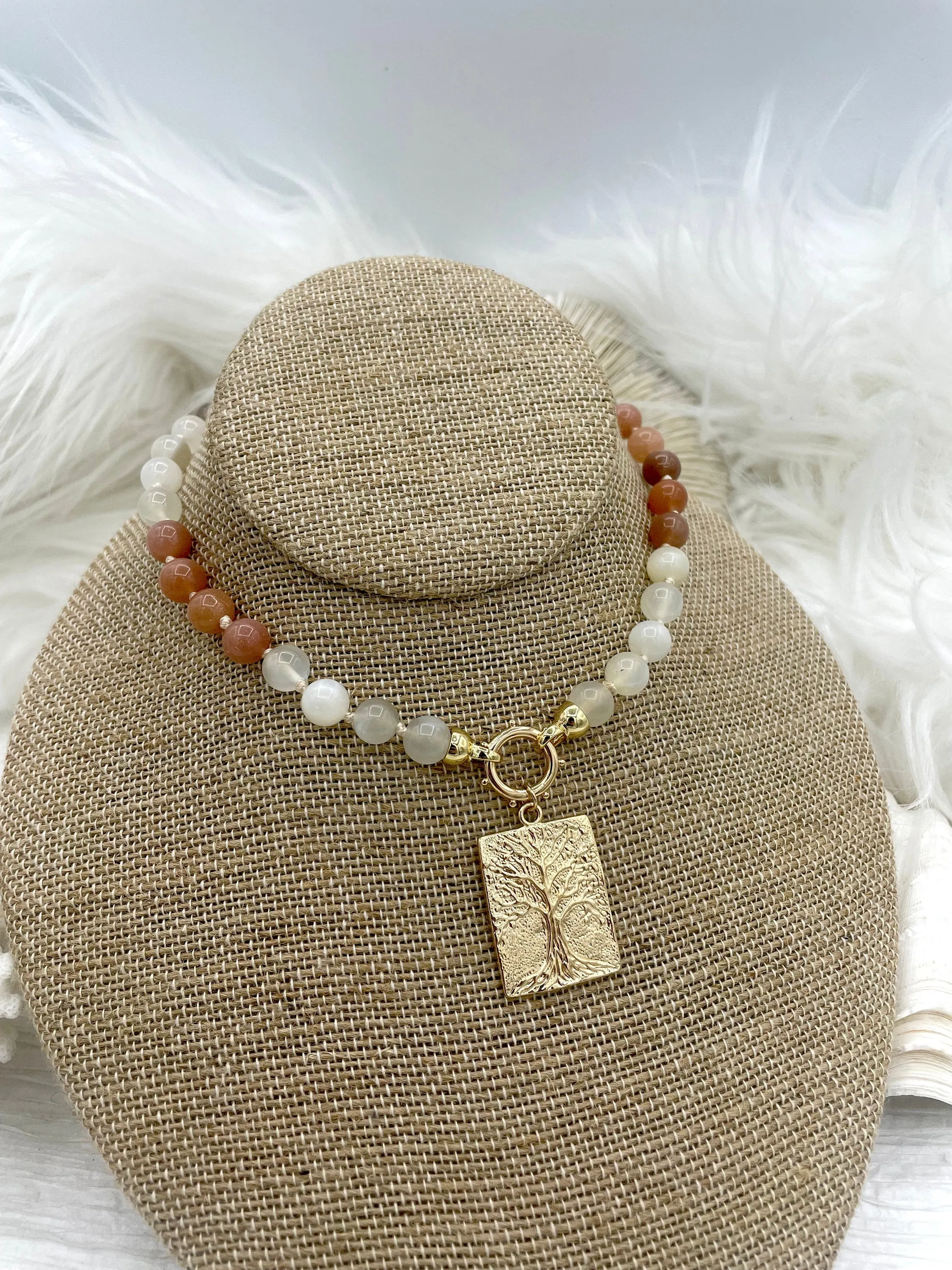 Hand Knotted Moon Stone Necklace, 16.5",Brass End Caps,Gold or Matte Gold Caps,8mm round Moon Stone Necklace, Semi Precious Bead Fast Ship