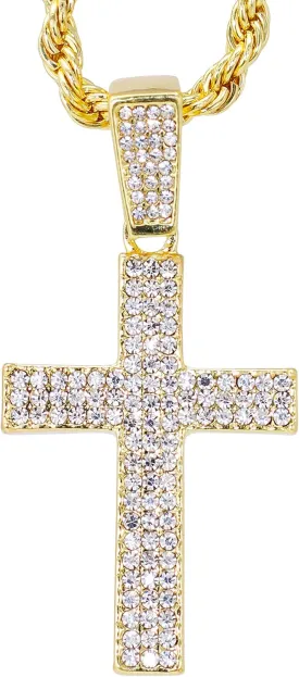 Iced Out Religion Pendant with 20 inch Tennis Chain or 20 inch Rope Chain - 14k Gold or Silver Tone Bling Pendant - Praying Hand, Cross, Angel, Blessed, or Last Supper