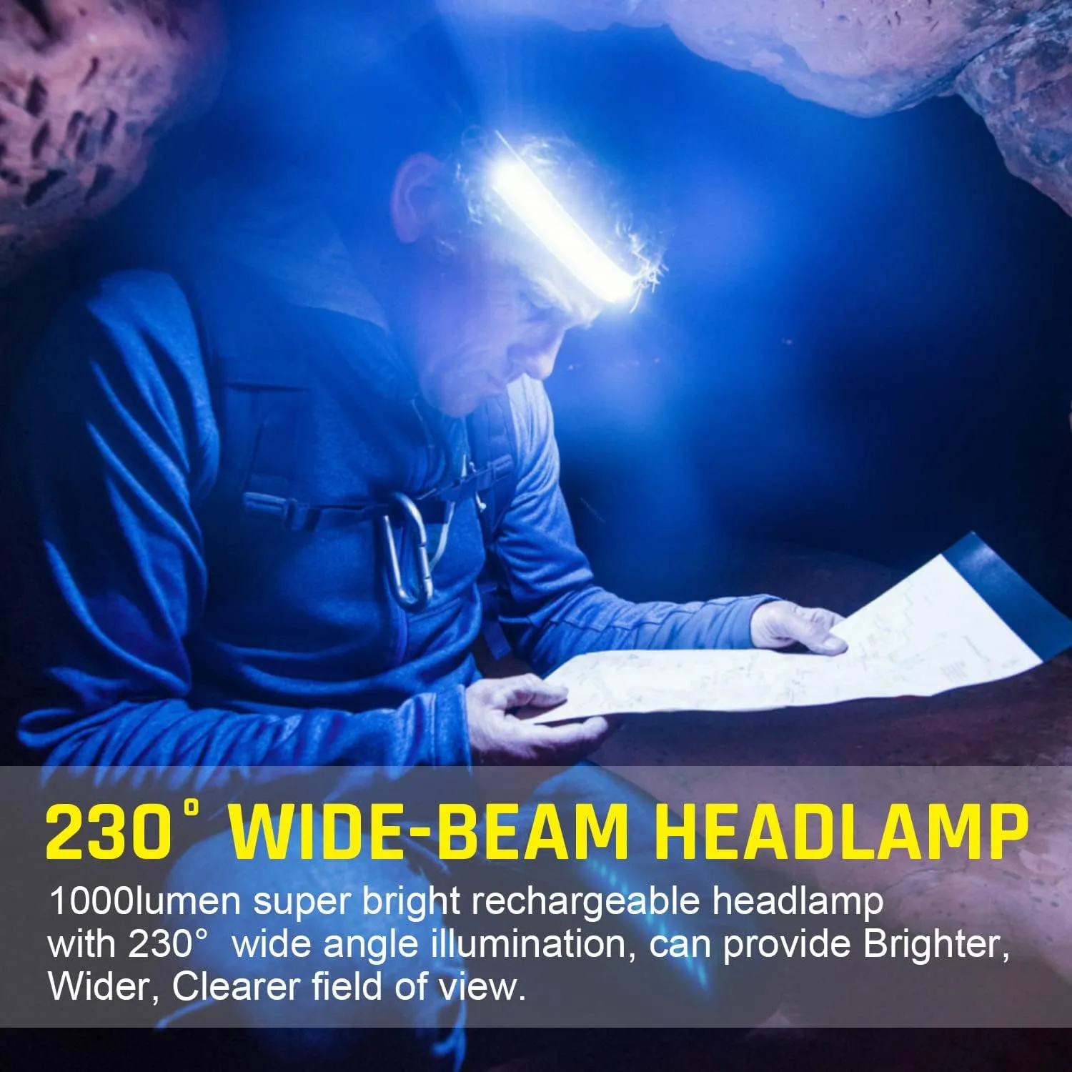 LED Headlamp USB Rechargeable 1000Lumen 230 Wide-Beam LED Headlight with Red Taillight, Super Bright Headband Light, Waterproof Headlamps for Camping,Hiking, Hard Hat Headlamp Pack of 2