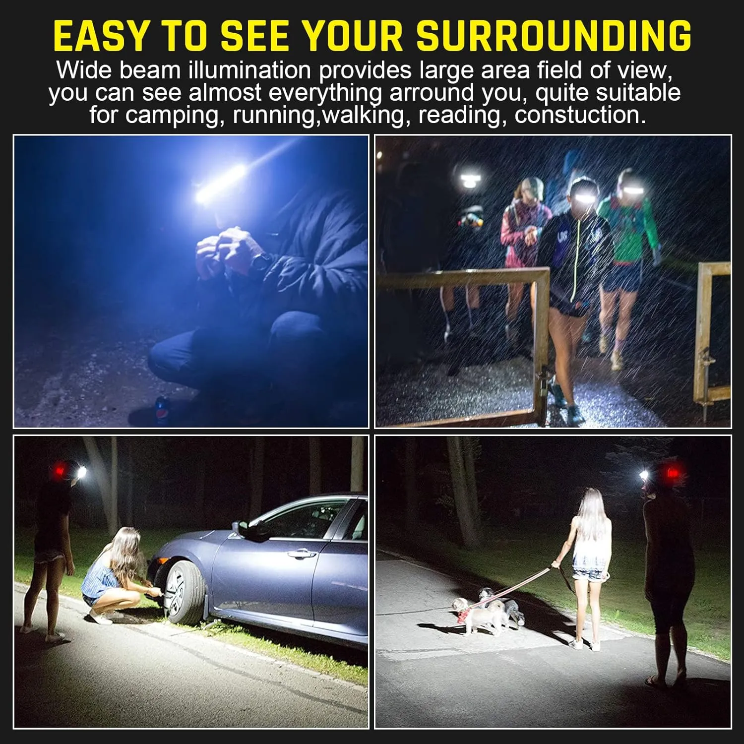 LED Headlamp USB Rechargeable 1000Lumen 230 Wide-Beam LED Headlight with Red Taillight, Super Bright Headband Light, Waterproof Headlamps for Camping,Hiking, Hard Hat Headlamp Pack of 2