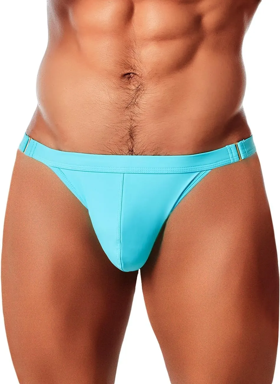 MIZOK Men's Sexy Solid Swim Bikini Swimsuit Quick Dry Metal Buckle Ring Swimwear