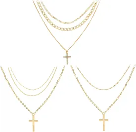 NEWITIN 3 Pieces Cross Necklaces for Men Gold Plated Layered Choker Necklaces Simple Stackable Cross Pendant Religious Gold Cross Chain Necklace for Women Men