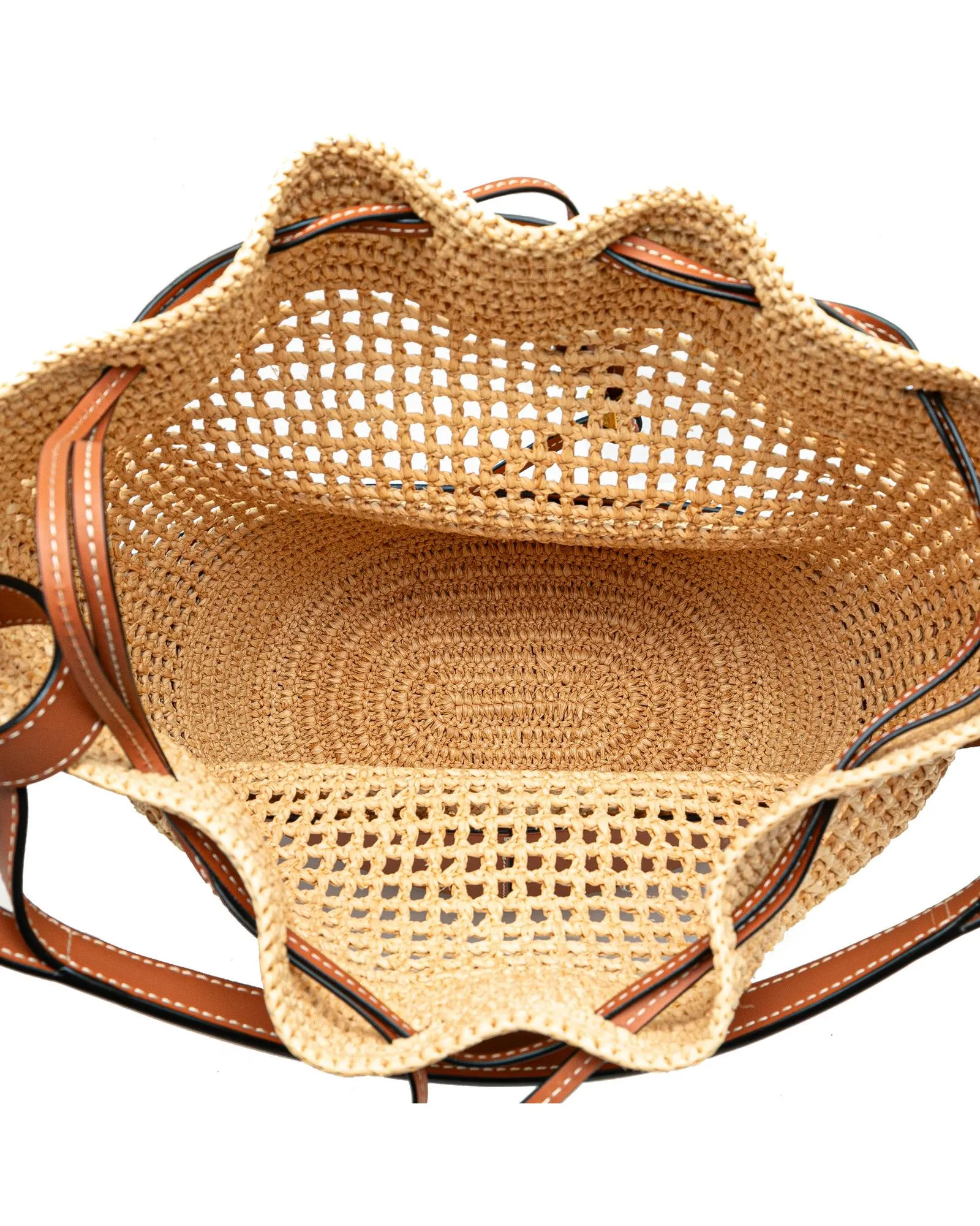 Raffia Balloon Bucket Bag with Leather Trim