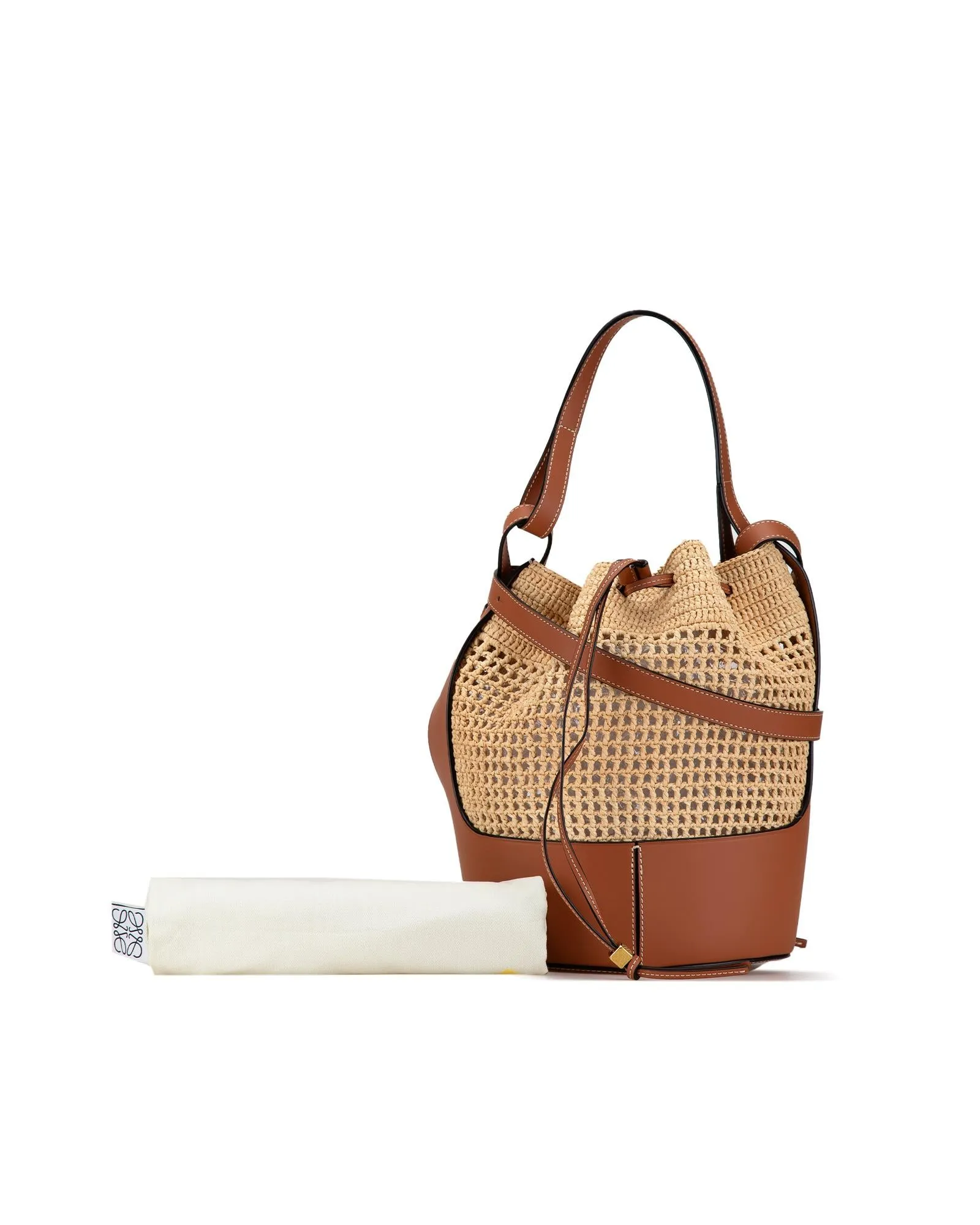 Raffia Balloon Bucket Bag with Leather Trim