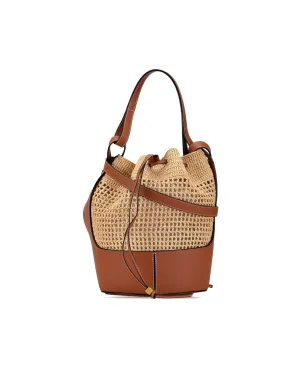 Raffia Balloon Bucket Bag with Leather Trim